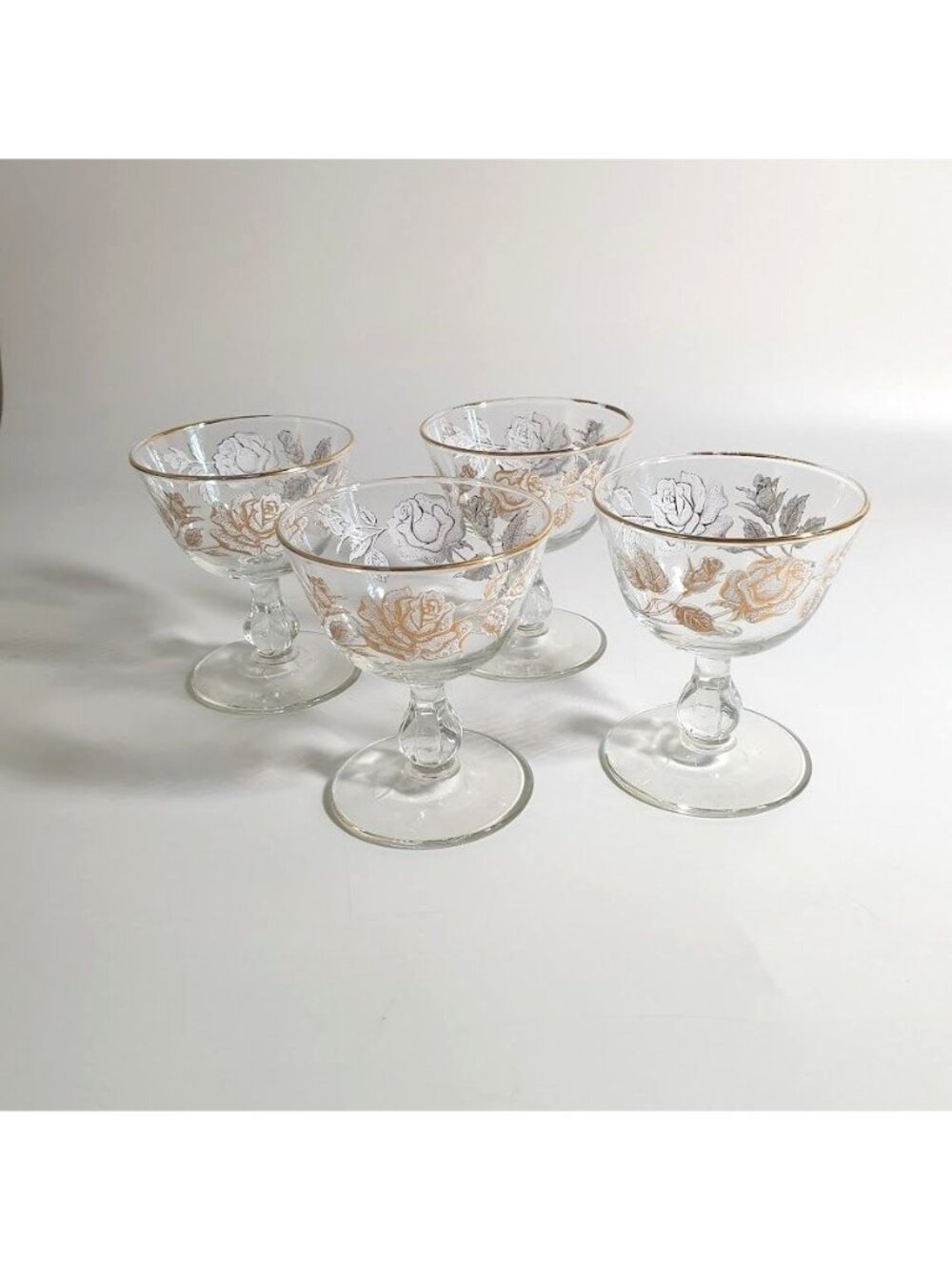 Vintage Floral Gold Trim Libbey Stemmed Glass Dessert Champagne Coupe Set of 4